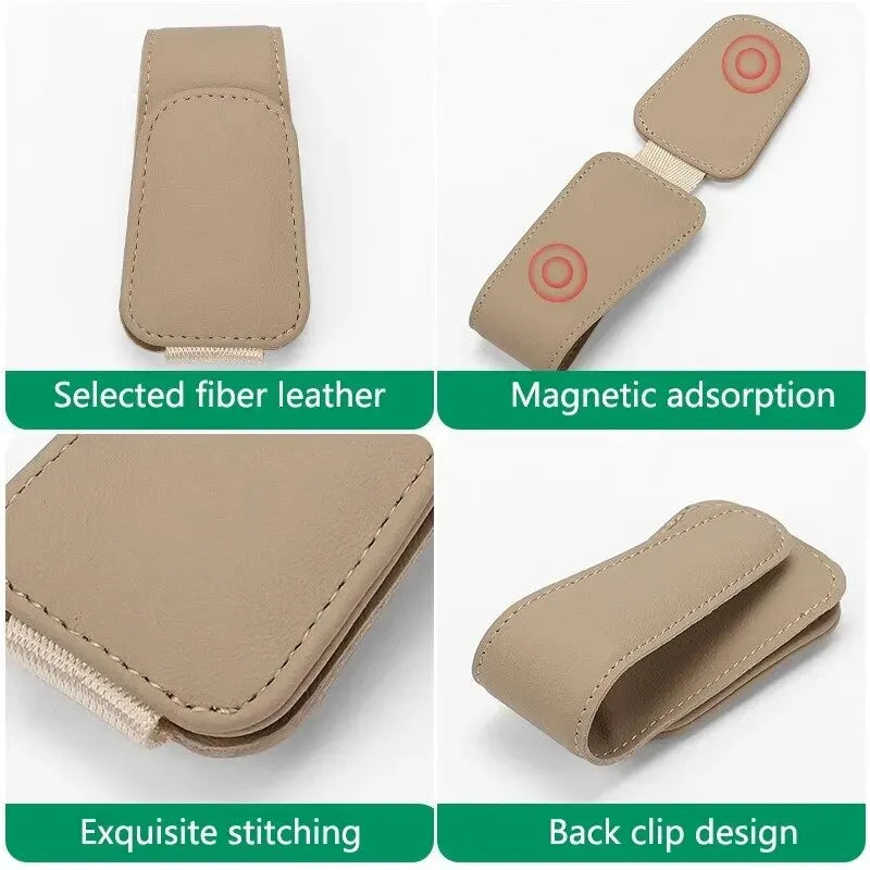Suporte Magnético para Óculos – Presilha de Couro para Para-sol do Carro
