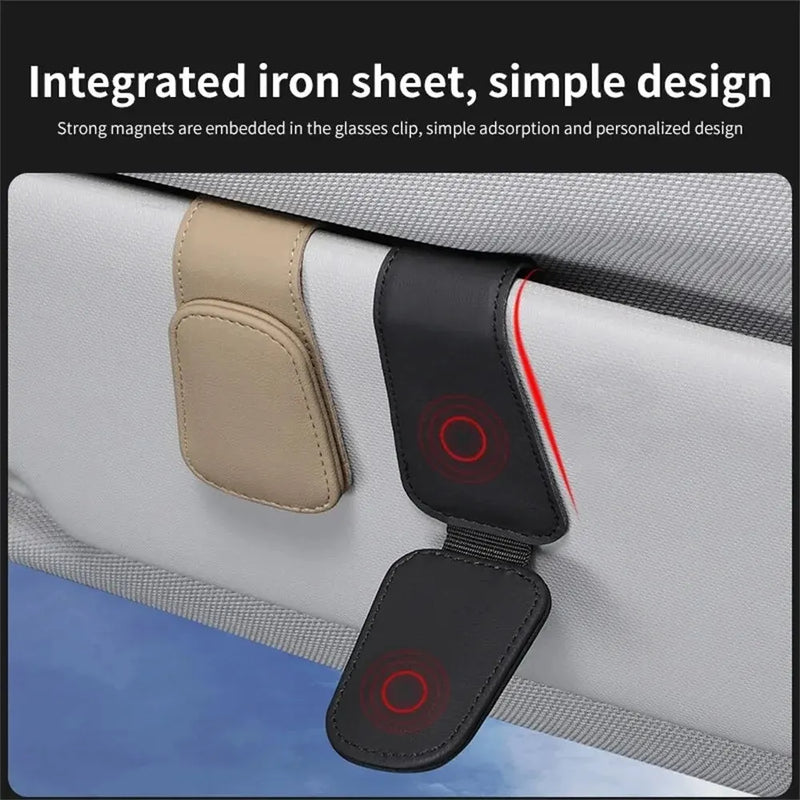 Suporte Magnético para Óculos – Presilha de Couro para Para-sol do Carro